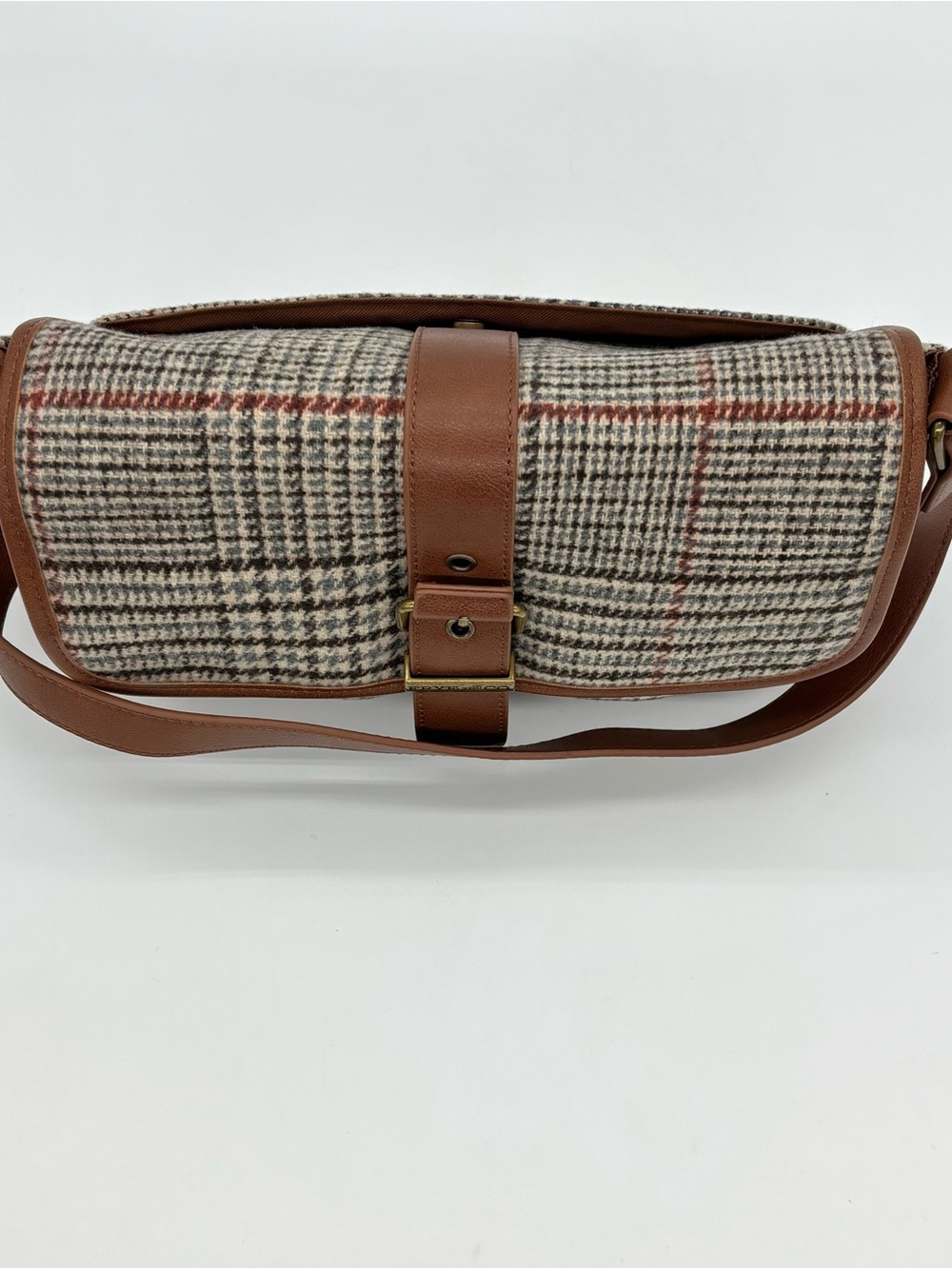 Frye & Co Houndstooth Plaid Shoulder Bag Brown Purse Academia Equestrian Preppy - Picture 7 of 15